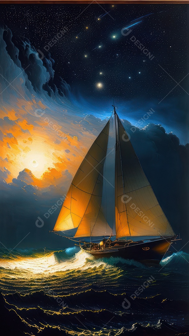 Imagem realista de barco sobre alto mar.