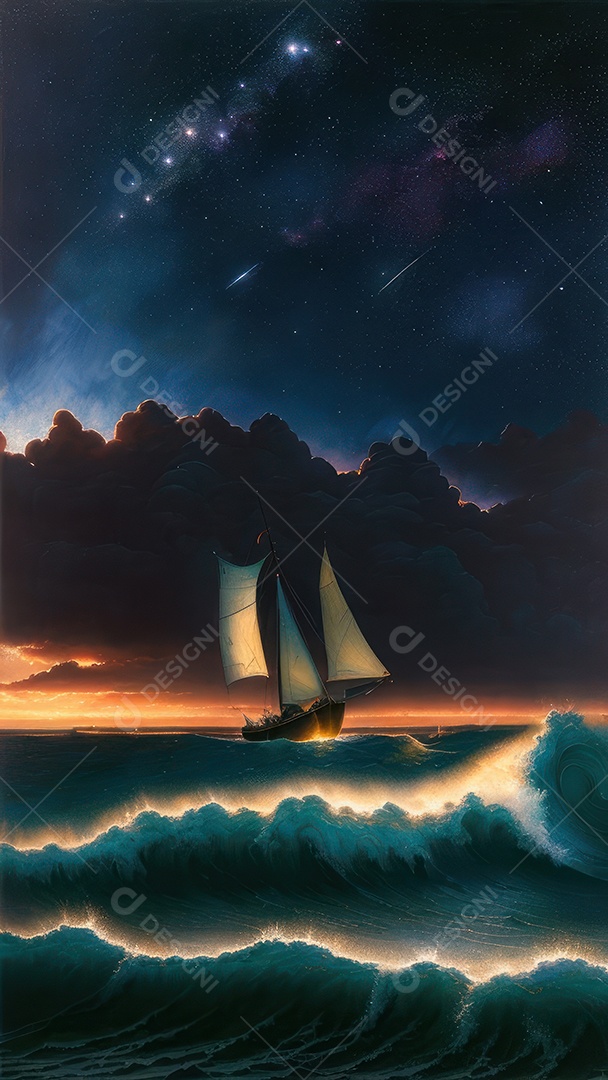 Imagem realista de barco sobre alto mar.