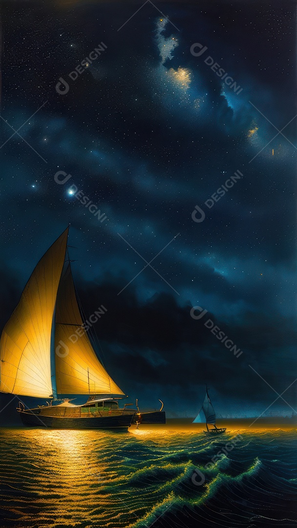 Imagem realista de barco sobre alto mar.