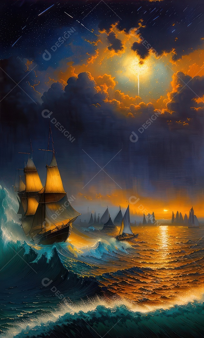 Imagem realista de barco sobre alto mar.