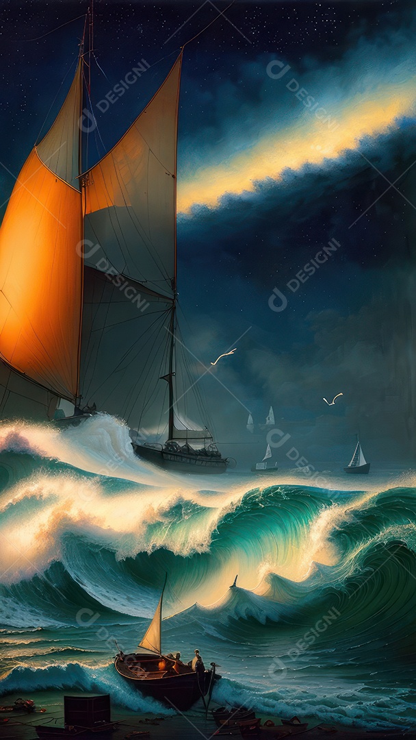 Imagem realista de barco sobre alto mar.