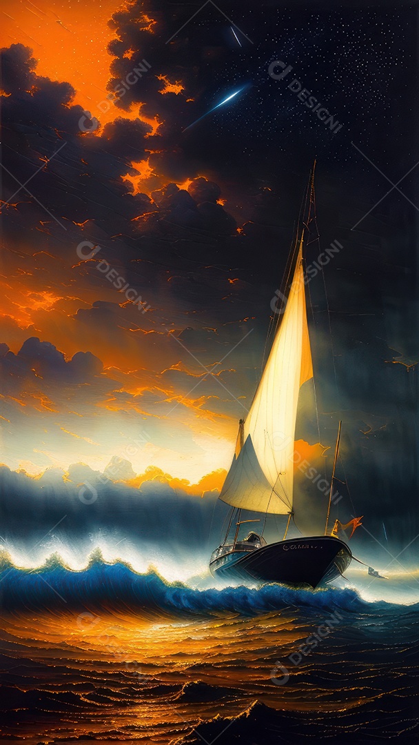 Imagem realista de barco sobre alto mar.