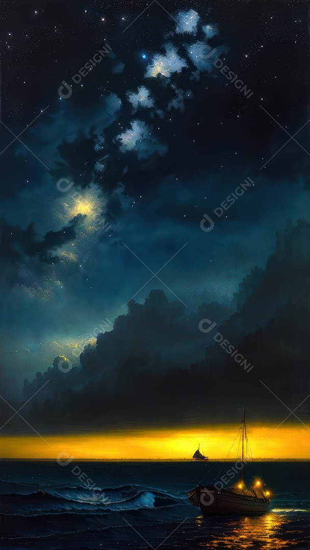 Imagem realista de barco sobre alto mar.