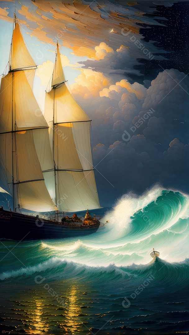 Imagem realista de barco sobre alto mar.