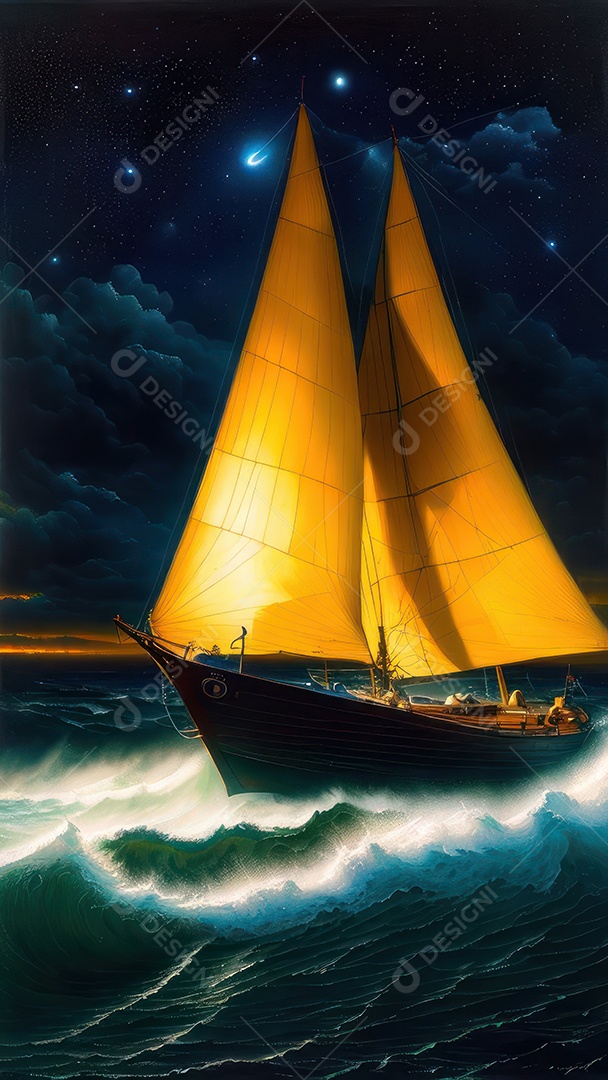 Imagem realista de barco sobre alto mar.