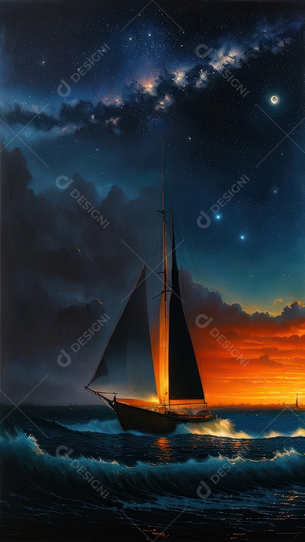 Imagem realista de barco sobre alto mar.