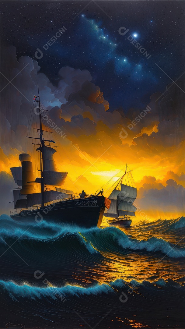 Imagem realista de barco sobre alto mar.