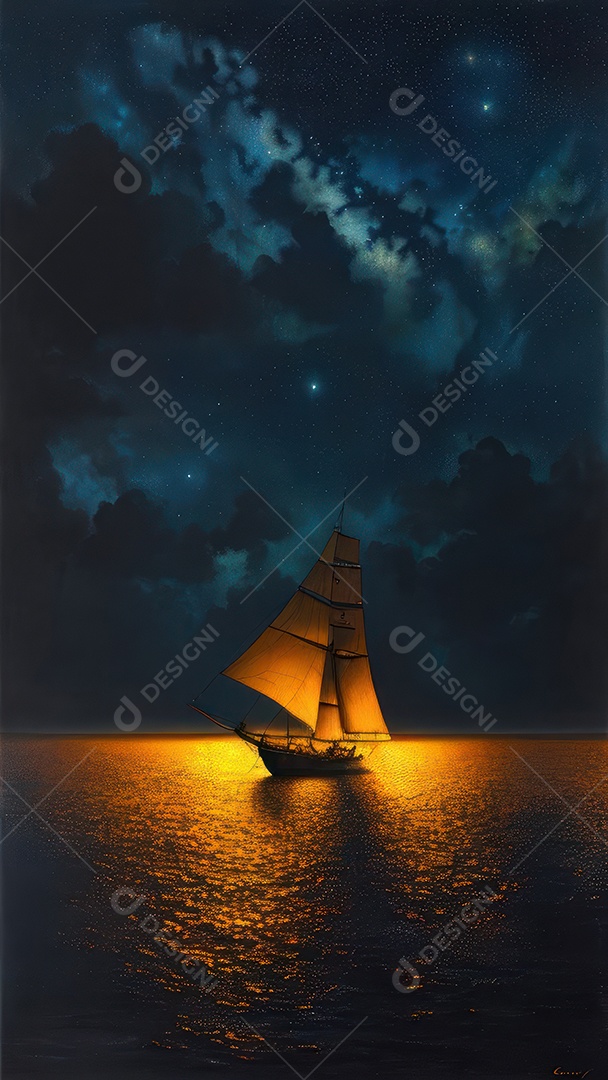 Imagem realista de barco sobre alto mar.