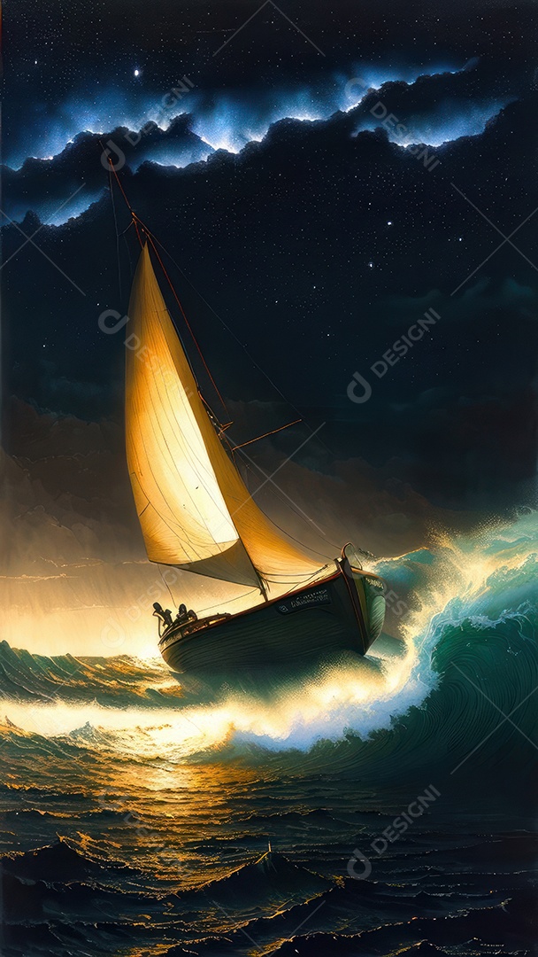 Imagem realista de barco sobre alto mar.