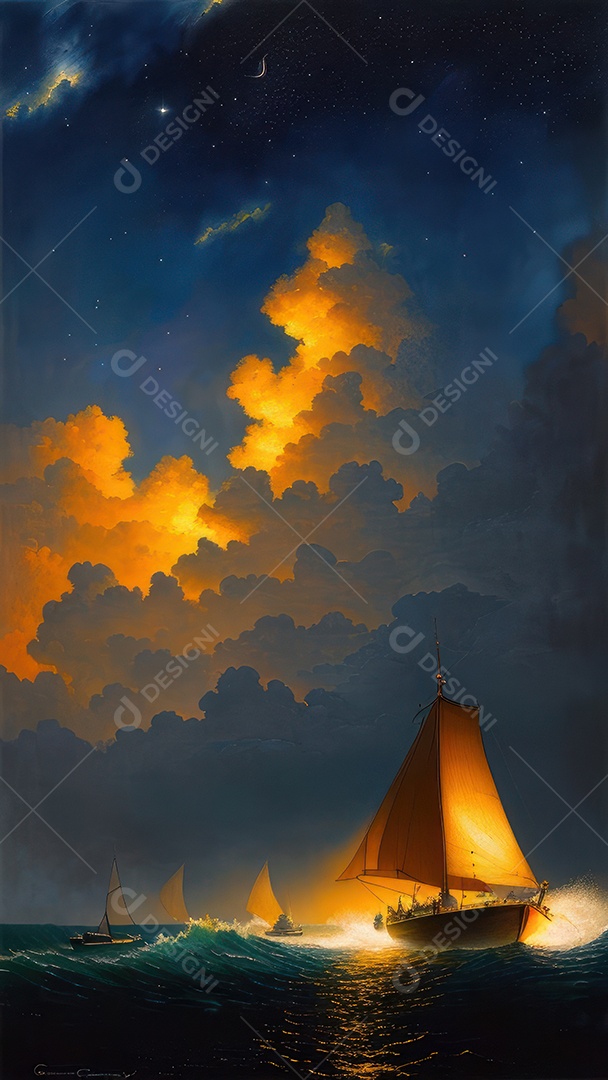 Imagem realista de barco sobre alto mar.