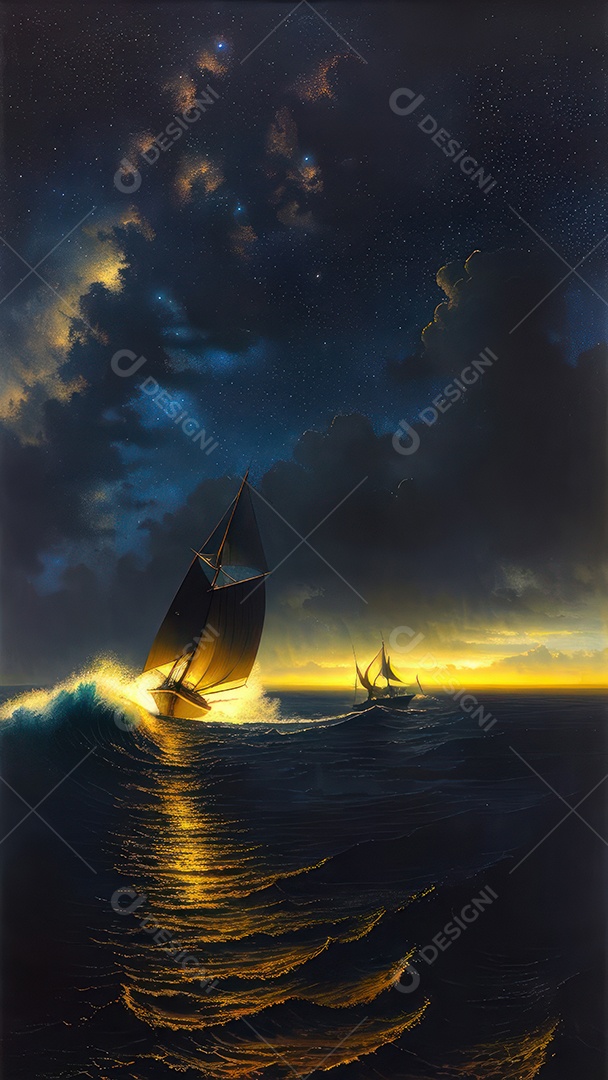 Imagem realista de barco sobre alto mar.