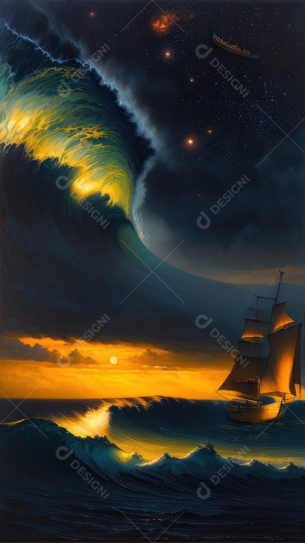 Imagem realista de barco sobre alto mar.