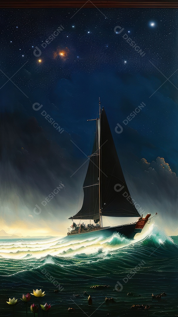 Imagem realista de barco sobre alto mar.