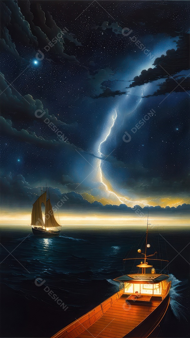 Imagem realista de barco sobre alto mar.