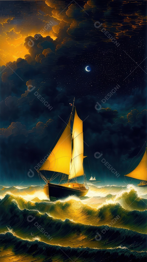 Imagem realista de barco sobre alto mar.