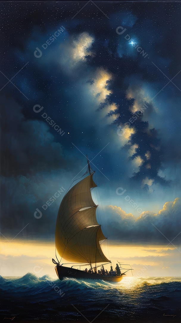 Imagem realista de barco sobre alto mar.