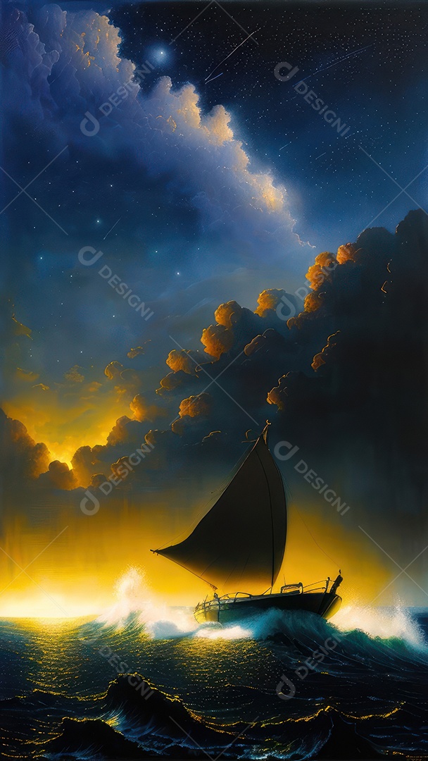 Imagem realista de barco sobre alto mar.