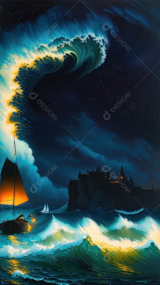 Imagem realista de barco sobre alto mar.