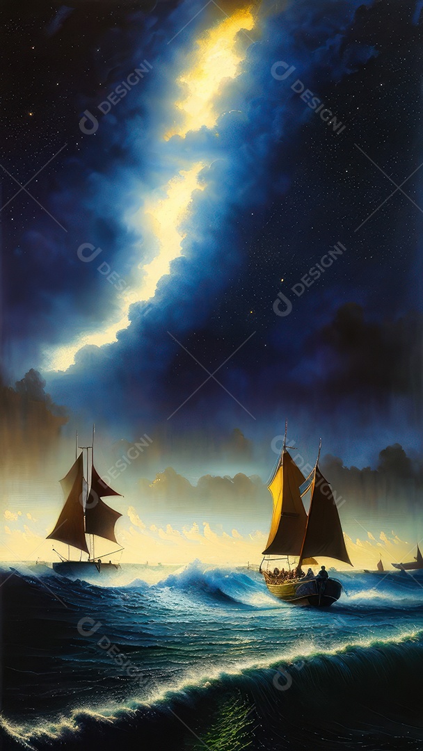 Imagem realista de barco sobre alto mar.