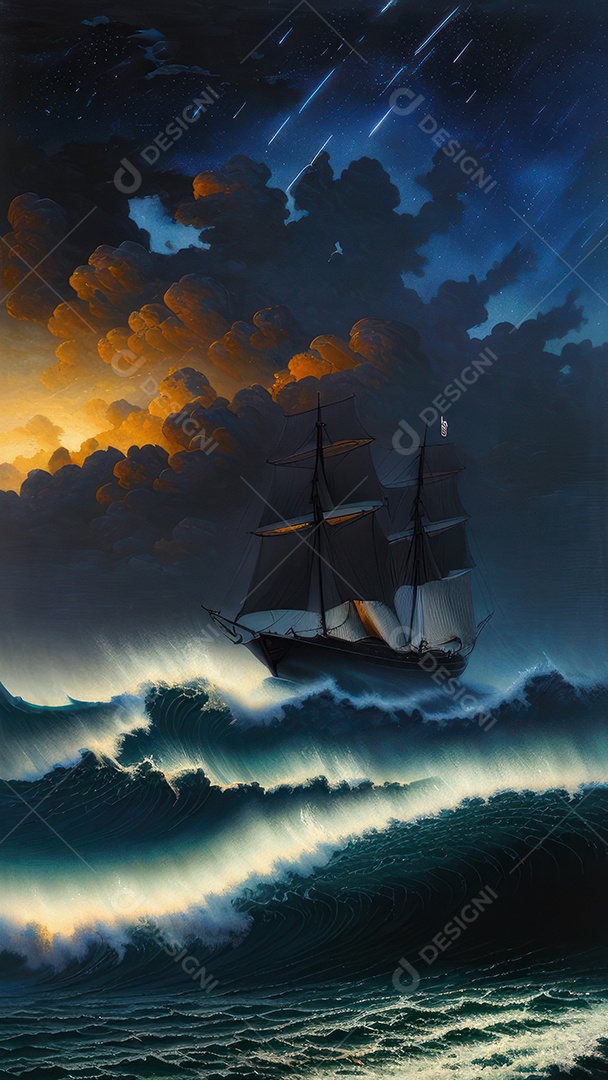 Imagem realista de barco sobre alto mar.