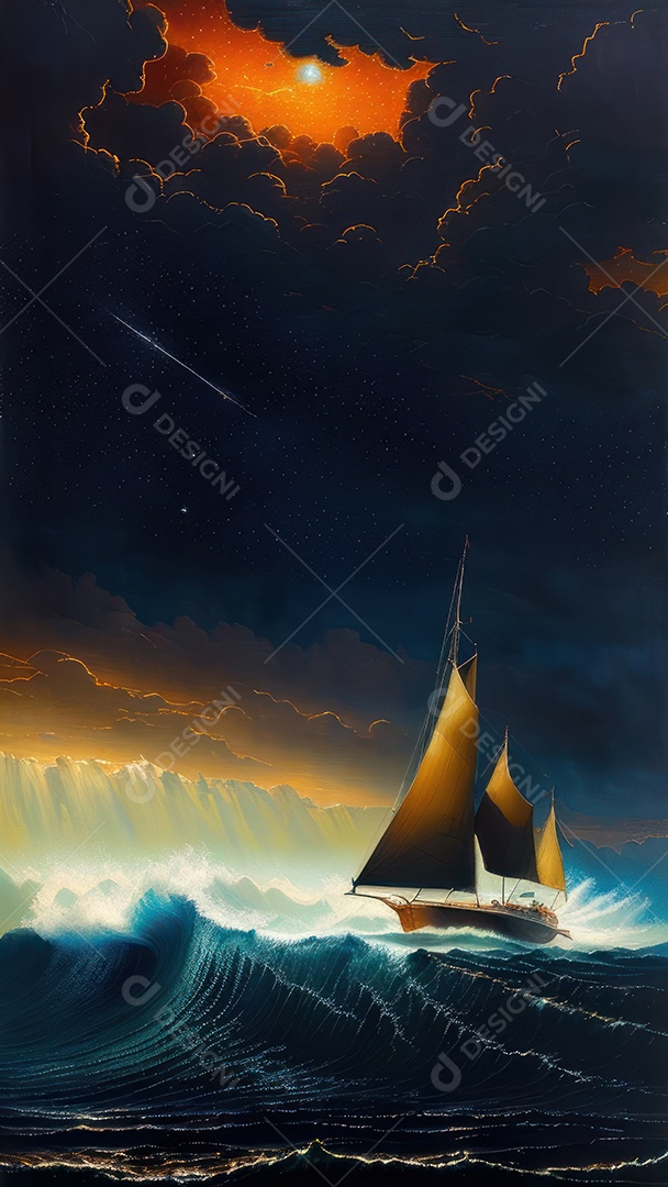 Imagem realista de barco sobre alto mar.