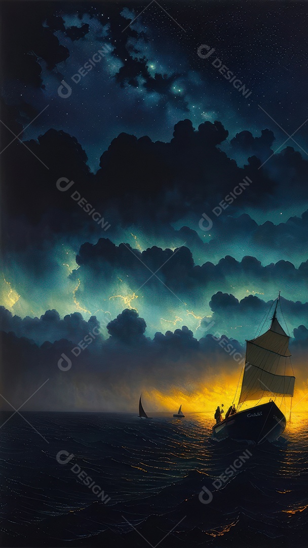 Imagem realista de barco sobre alto mar.