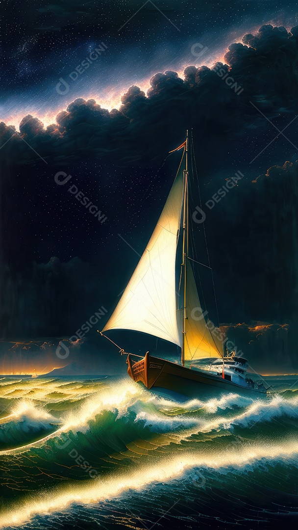 Imagem realista de barco sobre alto mar.