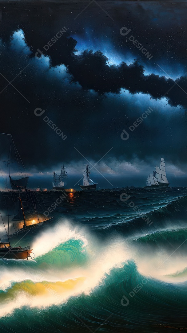 Imagem realista de barco sobre alto mar.