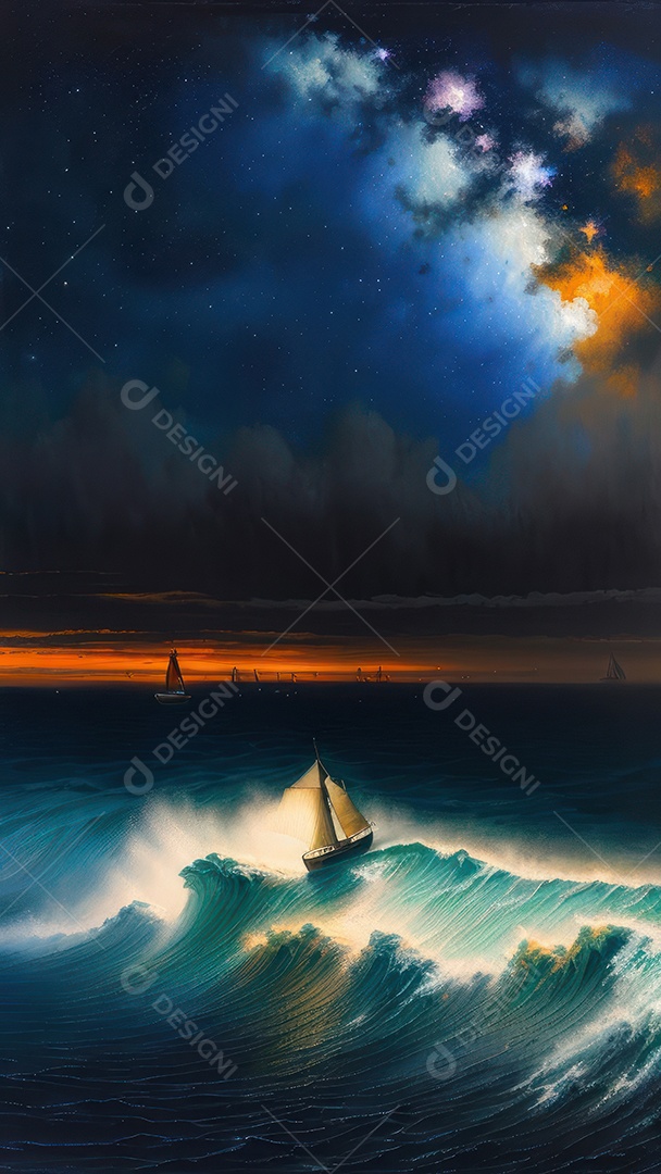 Imagem realista de barco sobre alto mar.