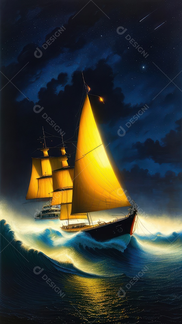 Imagem realista de barco sobre alto mar.