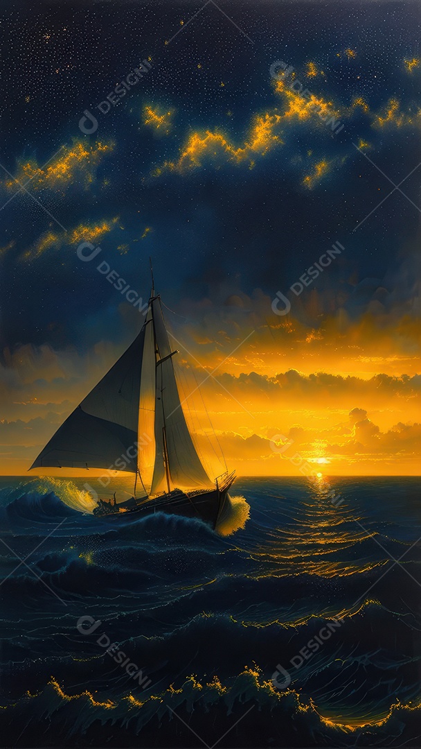 Imagem realista de barco sobre alto mar.