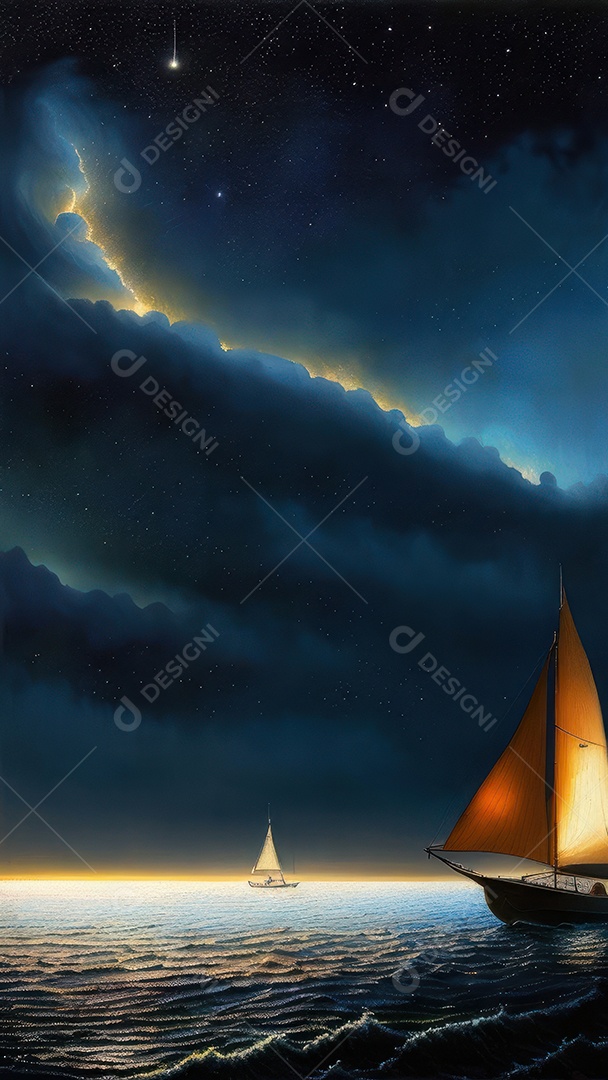 Imagem realista de barco sobre alto mar.