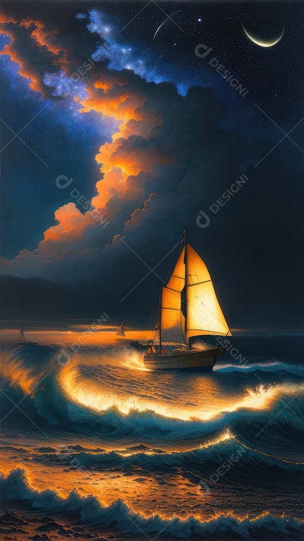 Imagem realista de barco sobre alto mar.