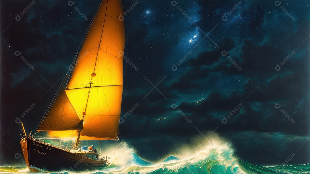 Imagem realista de barco sobre alto mar.