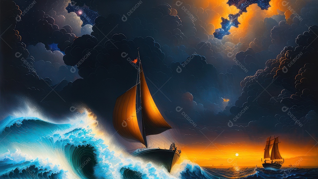 Imagem realista de barco sobre alto mar.