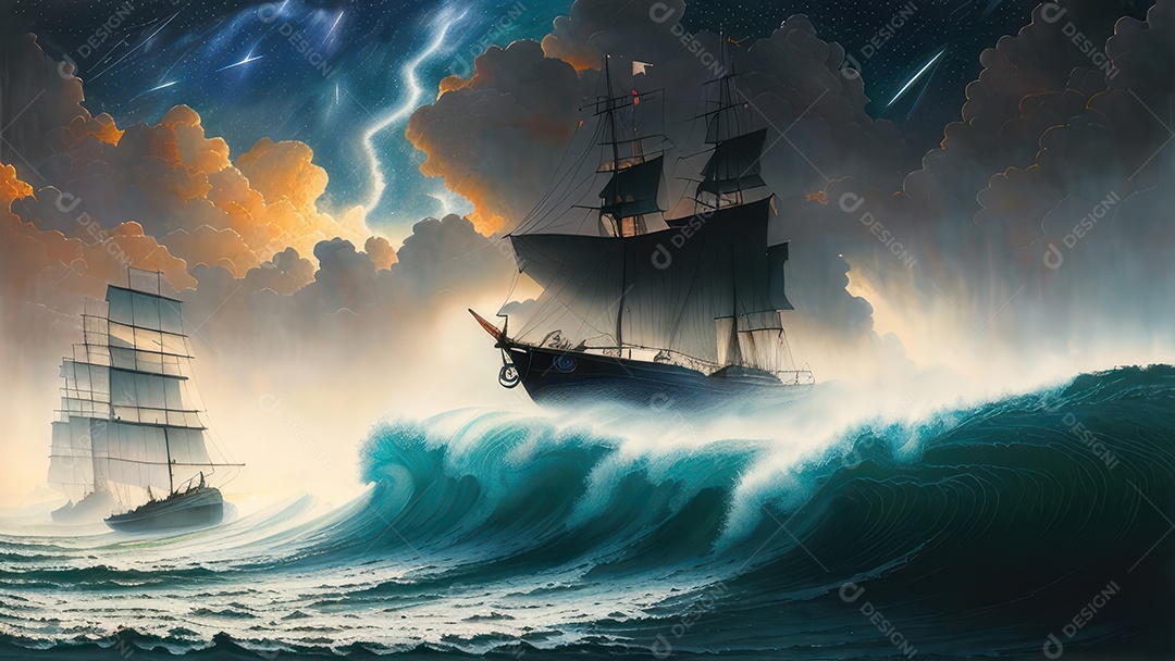 Imagem realista de barco sobre alto mar.