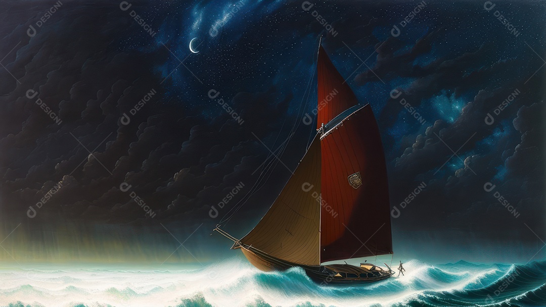 Imagem realista de barco sobre alto mar.