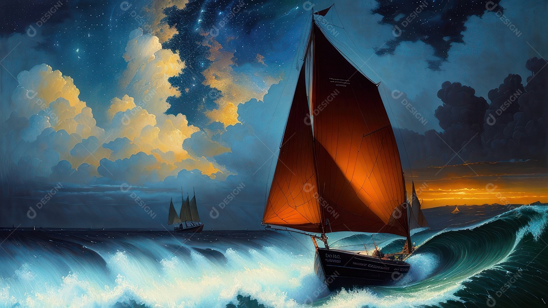 Imagem realista de barco sobre alto mar.