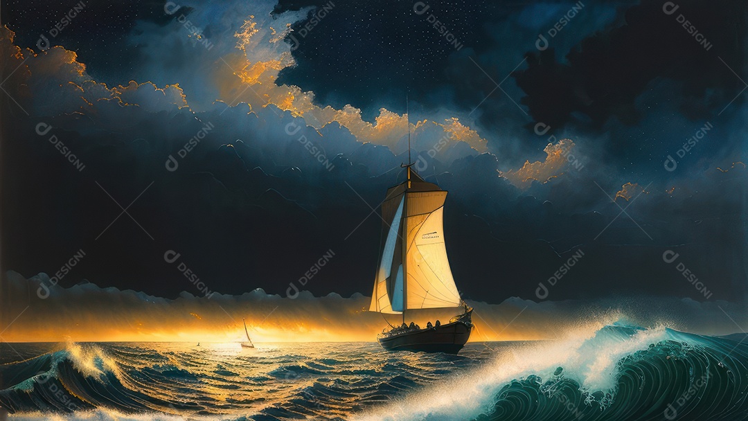 Imagem realista de barco sobre alto mar.