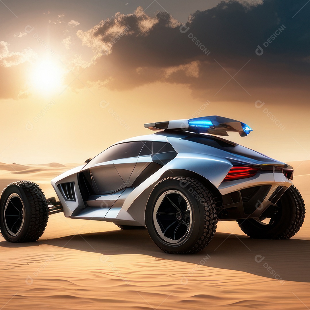 Imagem realista Carro futurista cidade pós apocalíptica.