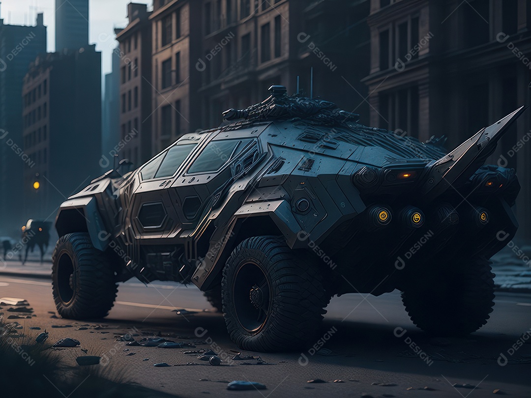 Imagem realista Carro futurista cidade pós apocalíptica.