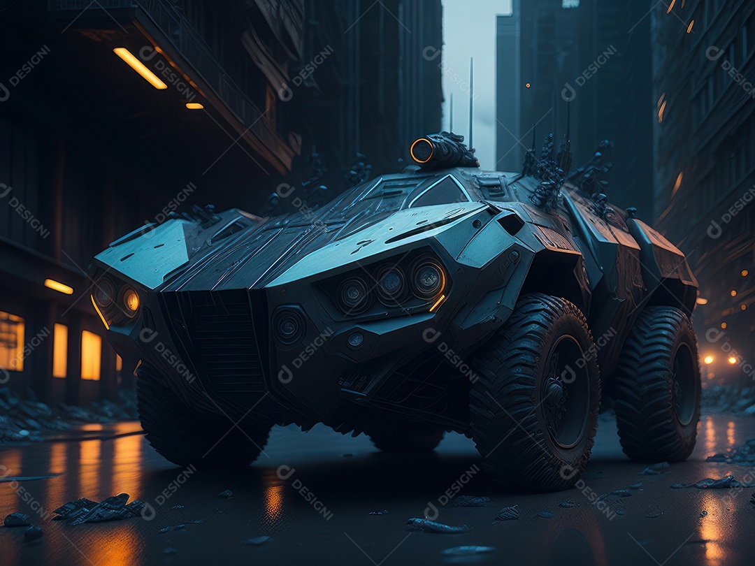 Imagem realista Carro futurista cidade pós apocalíptica.