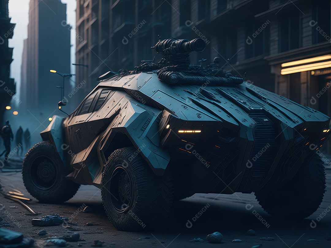 Imagem realista Carro futurista cidade pós apocalíptica.