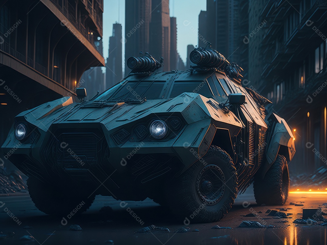 Imagem realista Carro futurista cidade pós apocalíptica.