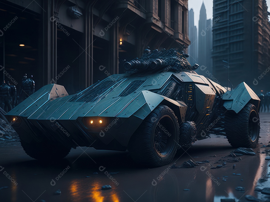 Imagem realista Carro futurista cidade pós apocalíptica.