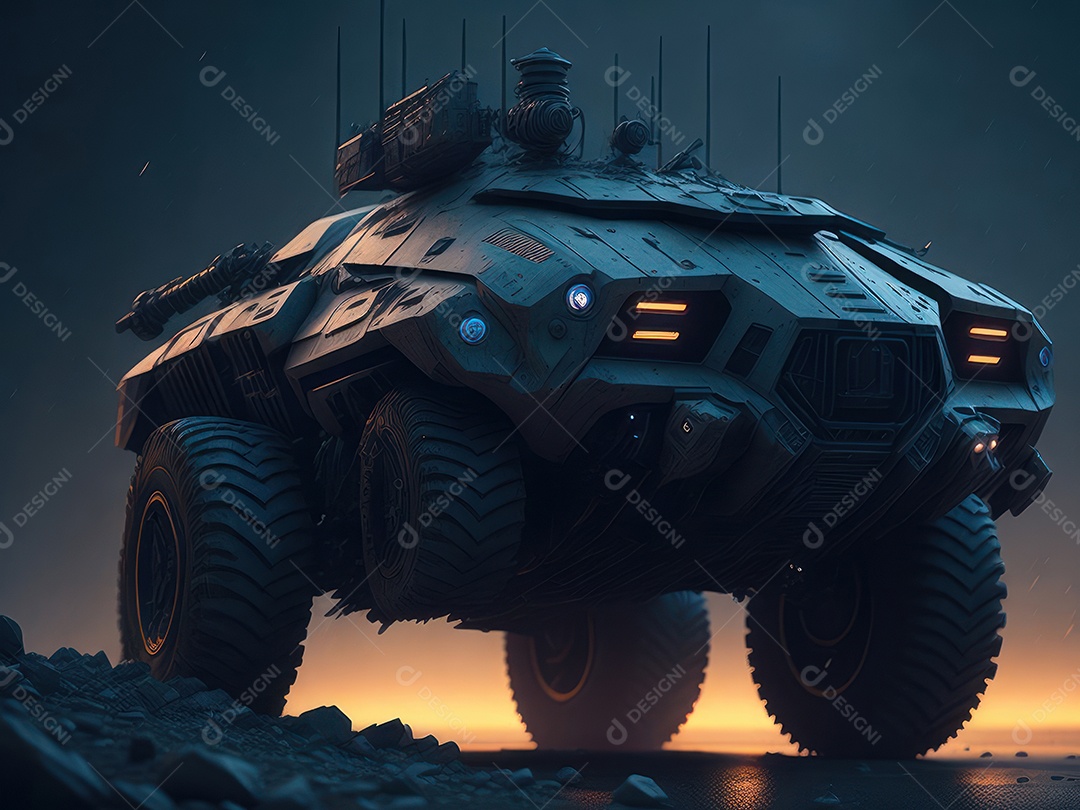 Imagem realista Carro futurista cidade pós apocalíptica.