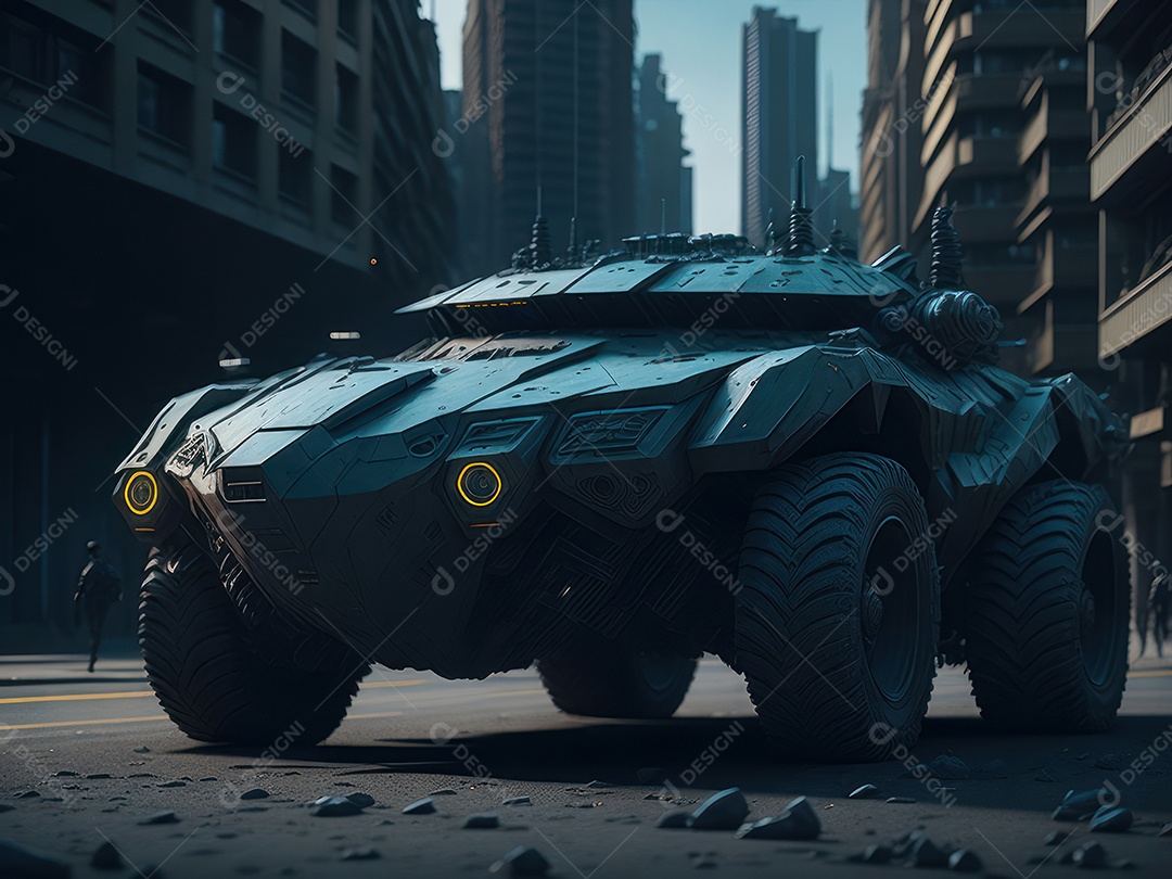 Imagem realista Carro futurista cidade pós apocalíptica.