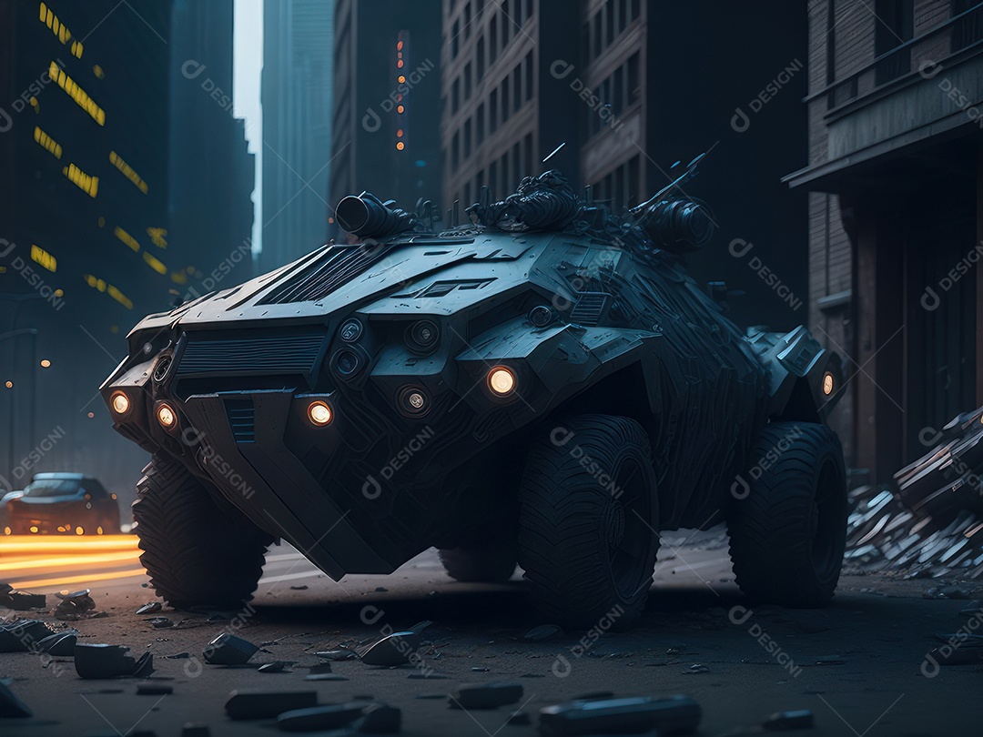 Imagem realista Carro futurista cidade pós apocalíptica.