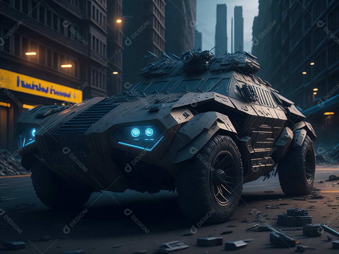 Imagem realista Carro futurista cidade pós apocalíptica.