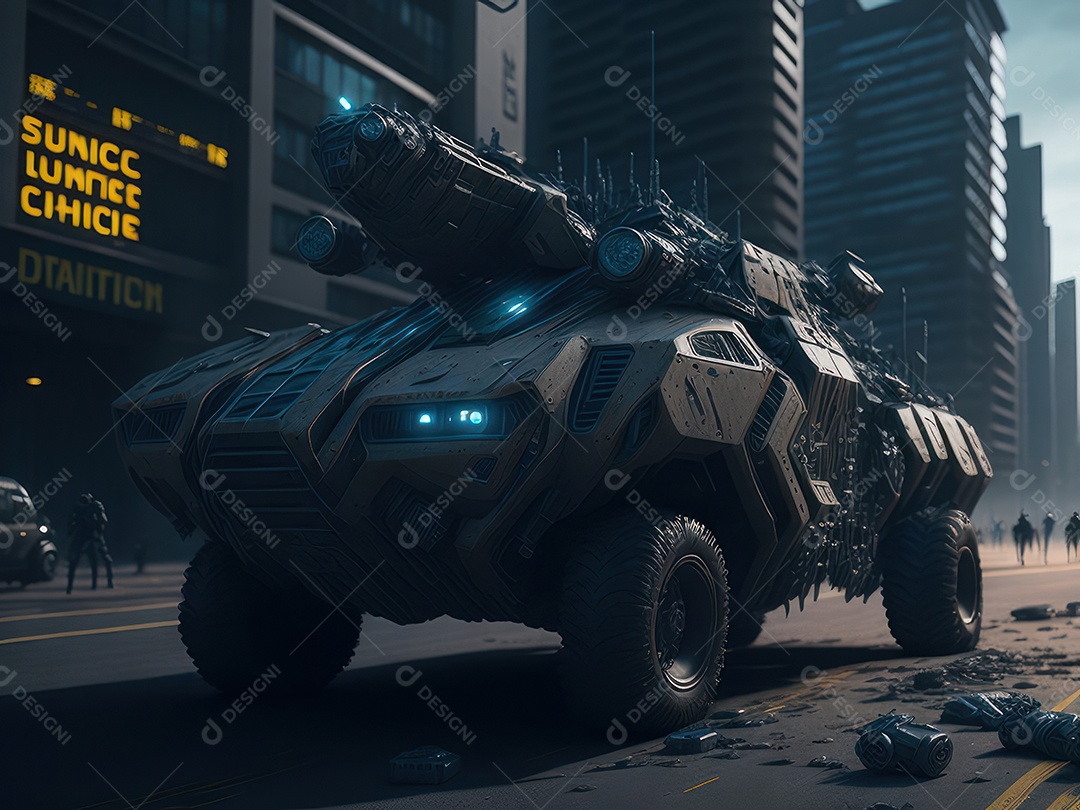 Imagem realista Carro futurista cidade pós apocalíptica.